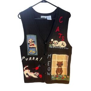 VTG 90s Cat Sleeveless Sweater Vest Top M Petite Kitty Kitten Black White Fish